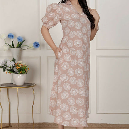 Miravan Womens Puff Sleeve Cheeku Pure Cotton Printed Maxi Dress