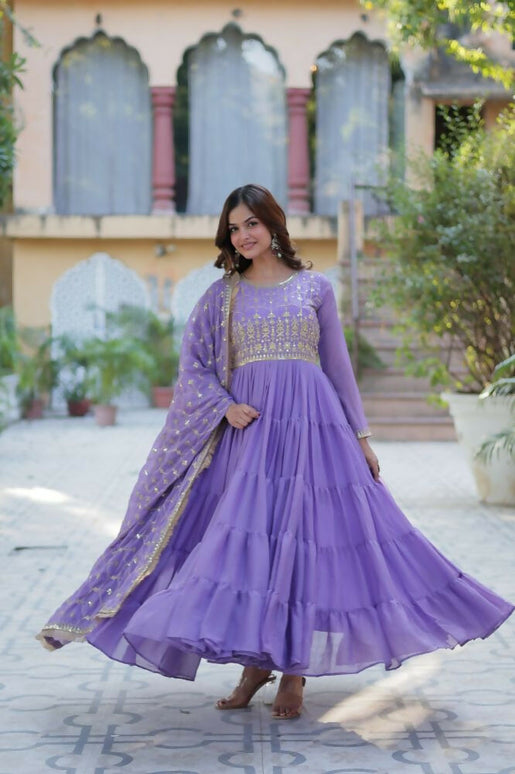 Aastha Fashion Purple Star Georgette Embroidery Party Wear Designer Gown