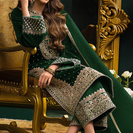 Lorenvalley Fashion Women Green Velvet Embroidered Salwar Suit Material