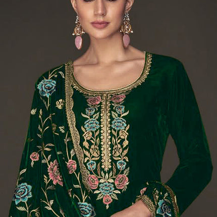 Lorenvalley Fashion Women Green Velvet Embroidered Salwar Suit Material