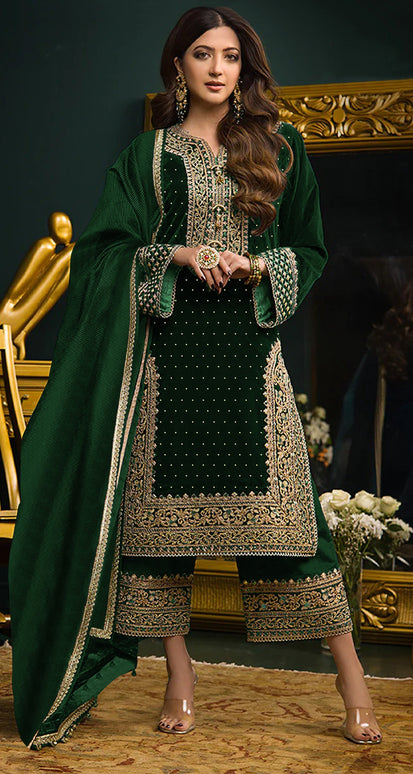 Lorenvalley Fashion Women Green Velvet Embroidered Salwar Suit Material