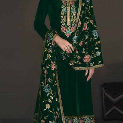 Lorenvalley Fashion Women Green Velvet Embroidered Salwar Suit Material