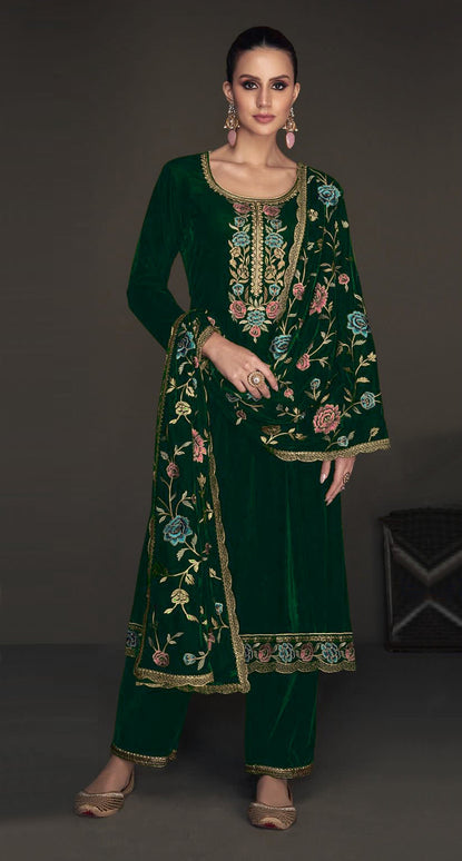 Lorenvalley Fashion Women Green Velvet Embroidered Salwar Suit Material