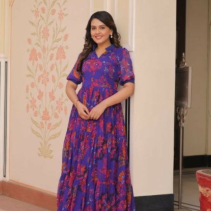 Aastha Fashion Purple Faux Georgette Printed Party Wear Designer Gown