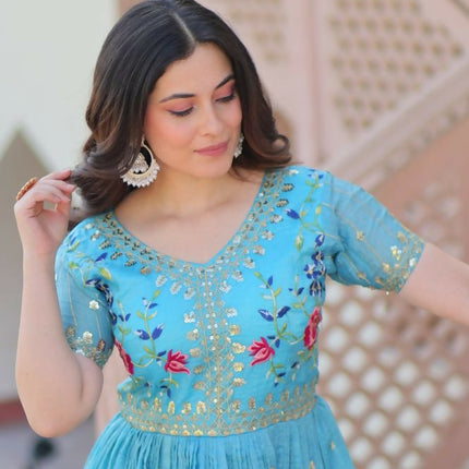 Aastha Fashion Sky Gold Crush Multi Thread Embroidery Zari Sequins-Work Party Wear Designer Gown