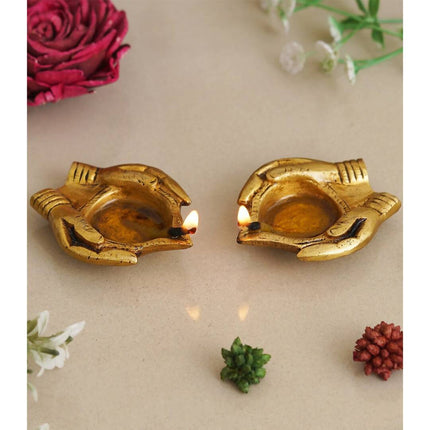 eCraftIndia 2 Pcs Lady Hand Holding Brass Diyas