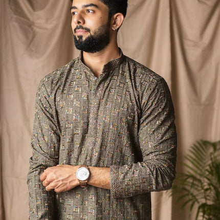 Mehandi Green Rayon Thread Embroidery Work Kurta Set - Mahotsav