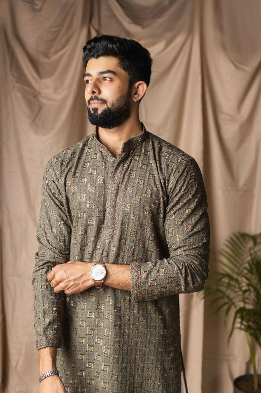 Mehandi Green Rayon Thread Embroidery Work Kurta Set - Mahotsav