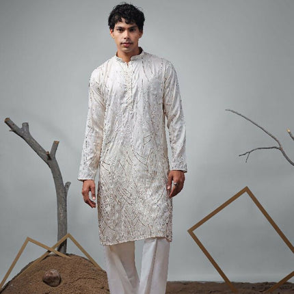 Off White Viscose Designer Embroidery Work Kurta Set - Mahotsav