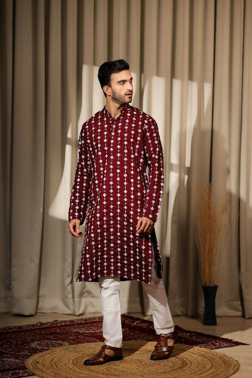 Maroon Viscose Designer Embroidery Work Kurta Set - Mahotsav