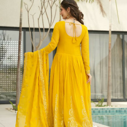 Aastha Fashion Yellow Faux Blooming Embroidery Zari Sequins-work Party Wear Designer Gown