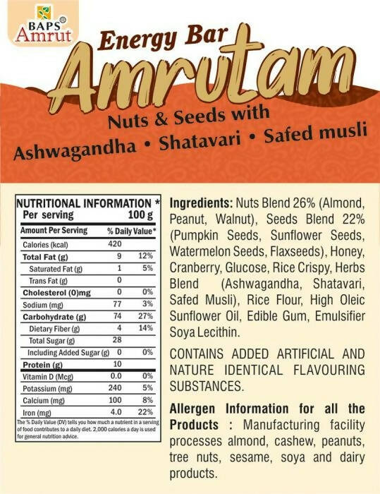 Baps Amrut Energy Bar Amrutam (Nuts & Seeds With Ashwagandha , Shatavari , Safed Musli)