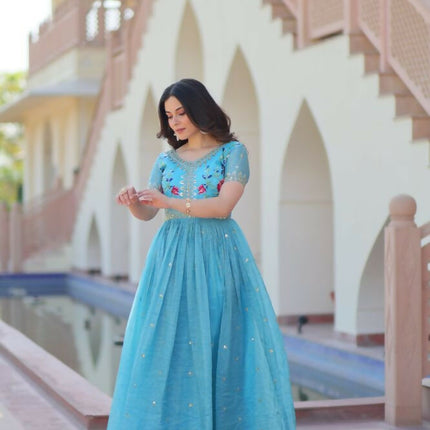 Aastha Fashion Sky Gold Crush Multi Thread Embroidery Zari Sequins-Work Party Wear Designer Gown