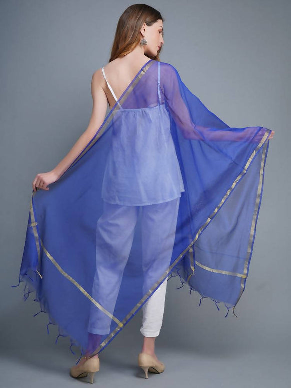 Shehnaai Chanderi Silk Dupatta In Blue Colour With A Golden Woven Border