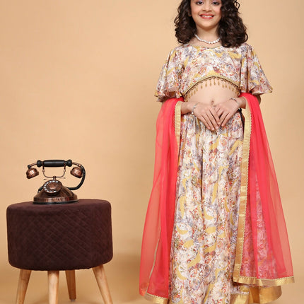 Divine Drape Girls Chinon Cream Printed Kids Lehenga Choli With Dupatta