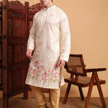 Cream Cotton Printed Chikankari Embroidery Work Kurta - Mahotsav