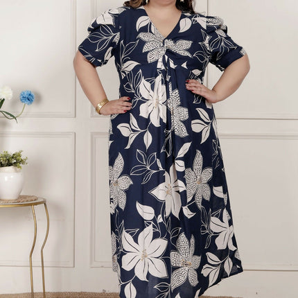 Miravan Womens Plus Size Blue Flower Printed Puff Sleeve Cotton Butterfly Maxi Dress