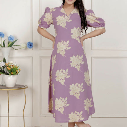 Miravan Womens Lavender Floral Printed A-Line Maxi Dress