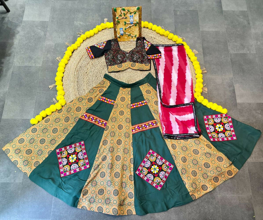 Aastha Fashion Maroon Maslin / Rayon Heavy Print + Gamthi Work Lace + Patch Semi Stitched Wedding Wear Lehenga Choli