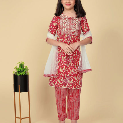 Divine Drape Girls Poly Cotton Red Embroidered Straight Kids Kurta Pant With Dupatta