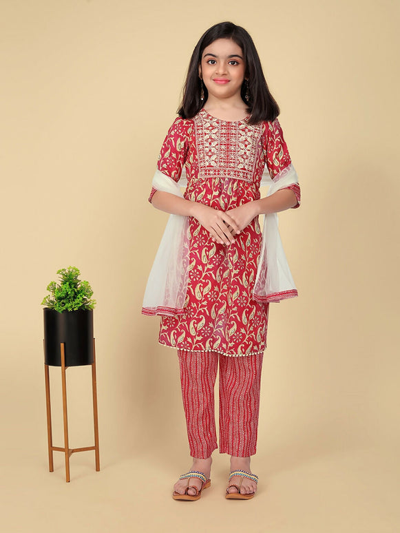 Divine Drape Girls Poly Cotton Red Embroidered Straight Kids Kurta Pant With Dupatta