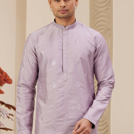 Raivat Ethnic Men's Art Silk Thread Work Kurta Pyjama In Light Purple Colour