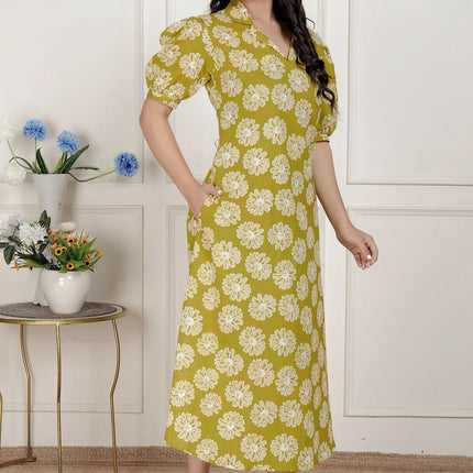 Miravan Women'S Yellow Printed Puff Sleeve Floral Maxi Party Dress