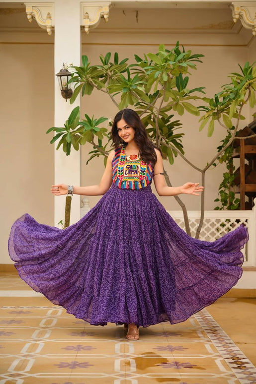 Aastha Fashion Purple Faux Georgette Bandhani Print Navratri Designer Gown Collection