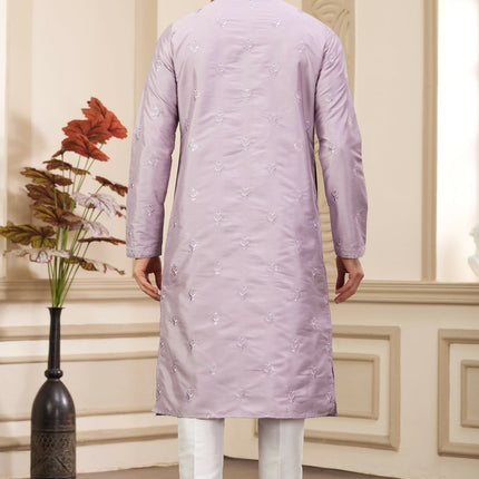 Raivat Ethnic Men's Art Silk Thread Work Kurta Pyjama In Light Purple Colour