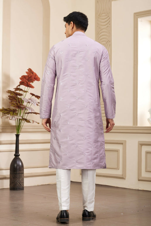 Raivat Ethnic Men's Art Silk Thread Work Kurta Pyjama In Light Purple Colour