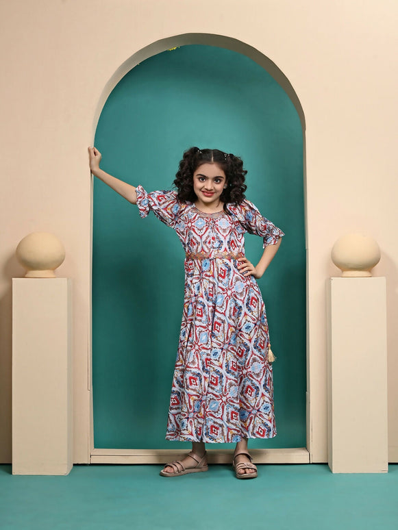 Divine Drape Girls Muslin MultiColour Printed Kids Anarkali Gown