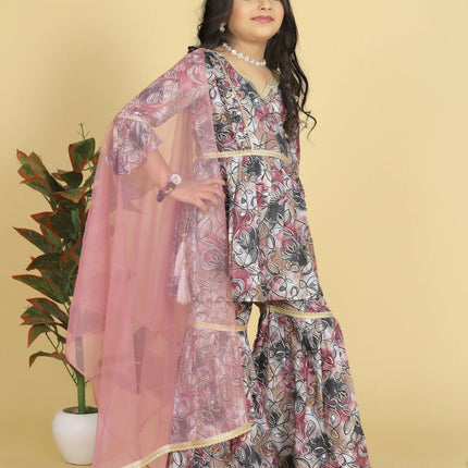 Divine Drape Girls Muslin Purple Printed Straight Kids Kurta Sharara With Dupatta