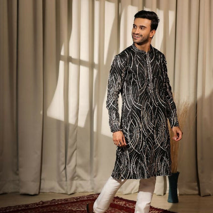 Black Viscose Designer Embroidery Work Kurta Set - Mahotsav