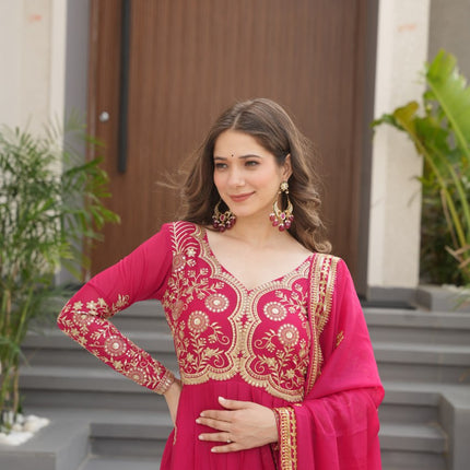 Jyoti Fashion Women's Pink Star Georgette Sequins & Zari Embroidered Anarkali Set With Dupatta