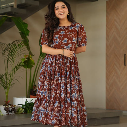 Jyoti Fashion Women's Brown Faux Georgette Printed Long Designer Anarkali Set