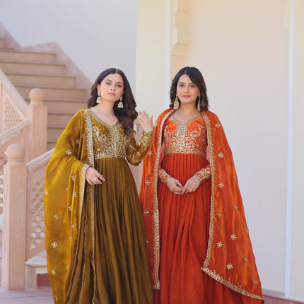 Jyoti Fashion Women's Mehendi & Fanta Fendi Sequins & Zari Embroidered Anarkali Combo Set With Dupatta