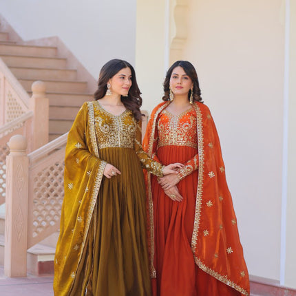 Jyoti Fashion Women's Mehendi & Fanta Fendi Sequins & Zari Embroidered Anarkali Combo Set With Dupatta