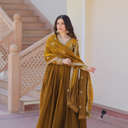 Jyoti Fashion Women's Mehendi Fendi Sequins & Zari Embroidered Anarkali Set With Dupatta