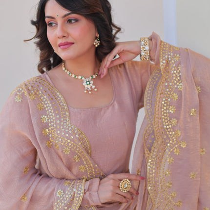 Jyoti Fashion Women's Peach Fendi Chiffon Designer Anarkali Set With Dupatta