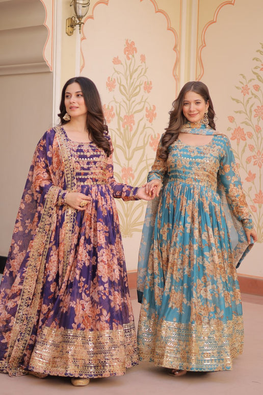 Jyoti Fashion Women's Sky Blue & Purple Russian Silk Digital Print with Sequins Embroidered Anarkali Combo Set With Dupatta