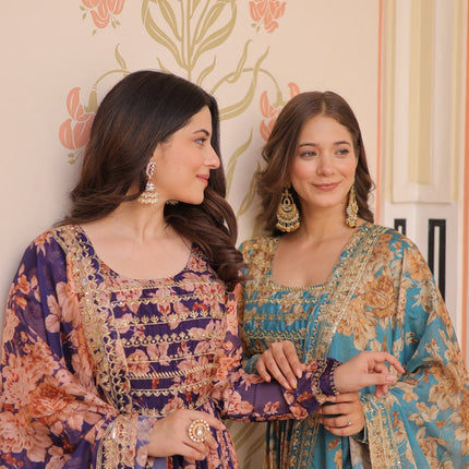 Jyoti Fashion Women's Sky Blue & Purple Russian Silk Digital Print with Sequins Embroidered Anarkali Combo Set With Dupatta