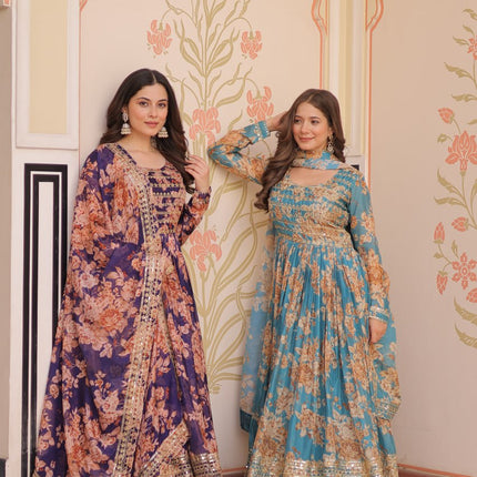 Jyoti Fashion Women's Sky Blue & Purple Russian Silk Digital Print with Sequins Embroidered Anarkali Combo Set With Dupatta