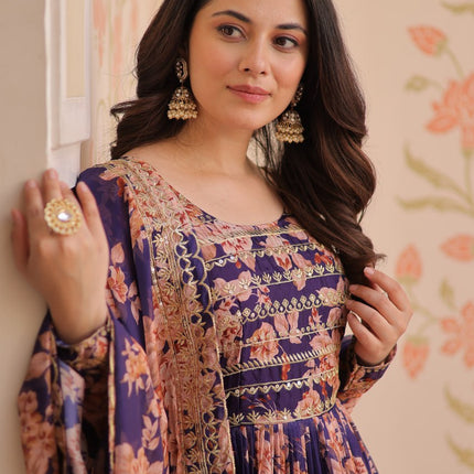 Jyoti Fashion Women's Purple Russian Silk Digital Print with Sequins Embroidered Anarkali Set With Dupatta