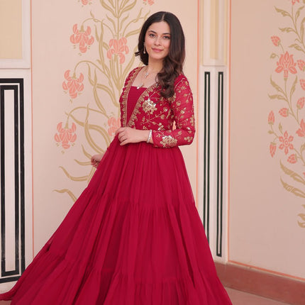 Jyoti Fashion Women's Rani Pink Faux Blooming Sequins & Zari Embroidered Long Designer Anarkali Set