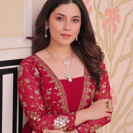 Jyoti Fashion Women's Rani Pink Faux Blooming Sequins & Zari Embroidered Long Designer Anarkali Set