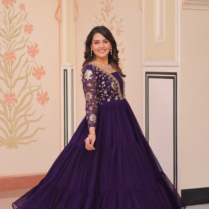 Jyoti Fashion Women's Purple Faux Blooming Sequins & Zari Embroidered Long Designer Anarkali Set