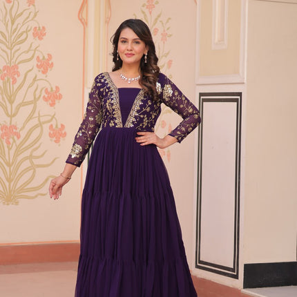 Jyoti Fashion Women's Purple Faux Blooming Sequins & Zari Embroidered Long Designer Anarkali Set