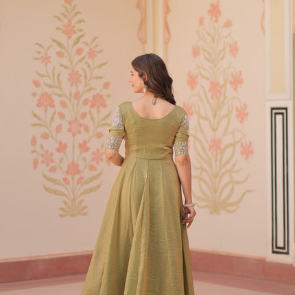 Jyoti Fashion Women's Mehendi Fendi Embroidered Long Designer Anarkali Set