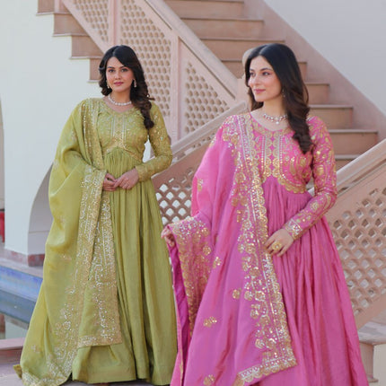 Jyoti Fashion Women's Mehendi & Pink Gold Crush Sequins with Multy Embroidered Anarkali Combo Set With Dupatta