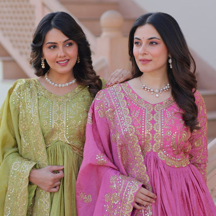 Jyoti Fashion Women's Mehendi & Pink Gold Crush Sequins with Multy Embroidered Anarkali Combo Set With Dupatta